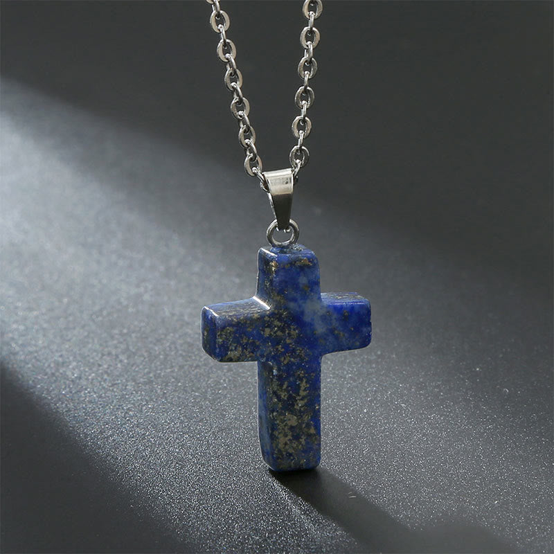 Necklace with Cross of Natural Gemstones - Seraphina-Lapis lazuli-State of Style