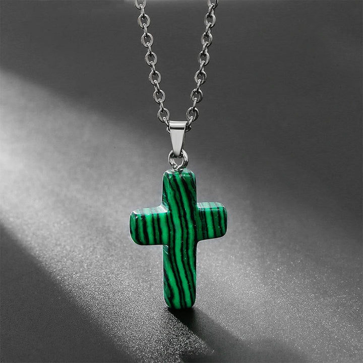 Necklace with Cross of Natural Gemstones - Seraphina-Malachite-State of Style