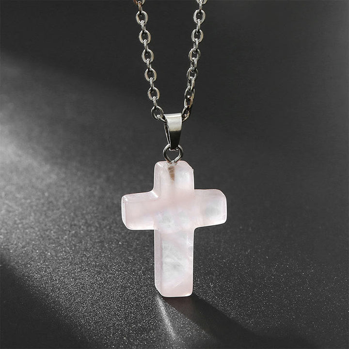 Necklace with Cross of Natural Gemstones - Seraphina-Rose quartz-State of Style