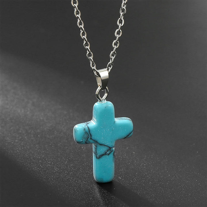 Necklace with Cross of Natural Gemstones - Seraphina-Turquoise-State of Style