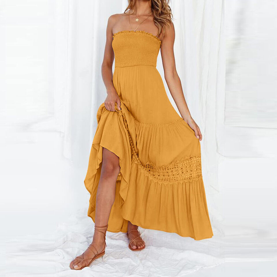 Off-Shoulder Maxi Dress with Lace Details – Isaline-Yellow-S-State of Style