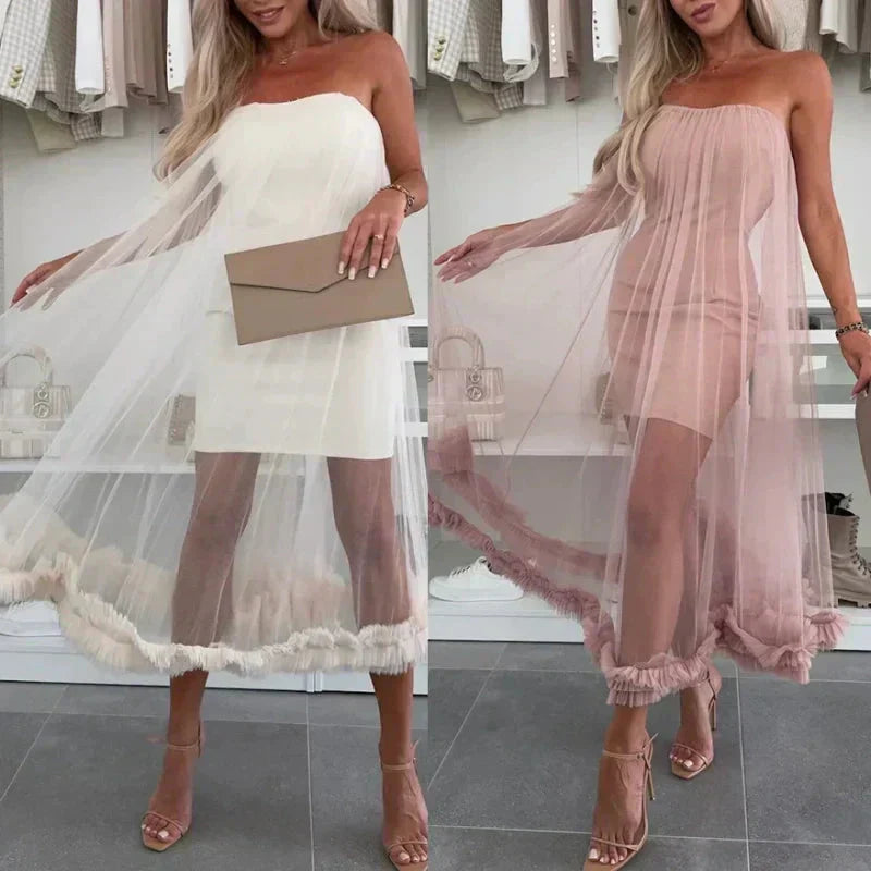 Off-the-shoulder tulle dress with ruffles - Nea-White-S-State of Style