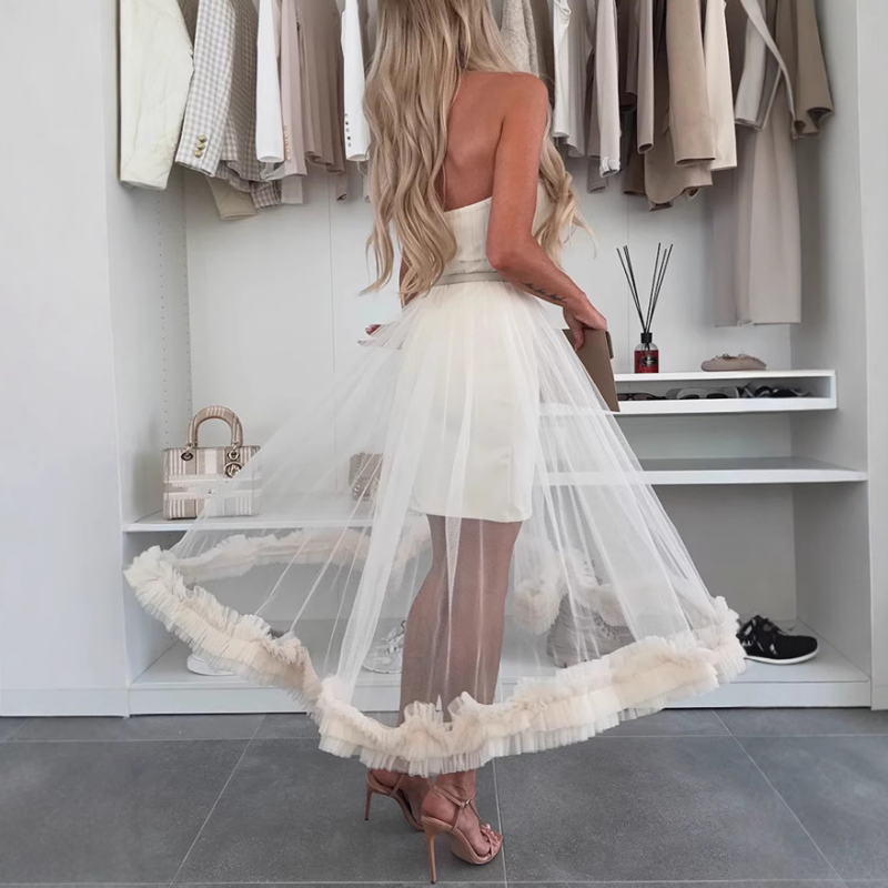 Off-the-shoulder tulle dress with ruffles - Nea-White-S-State of Style