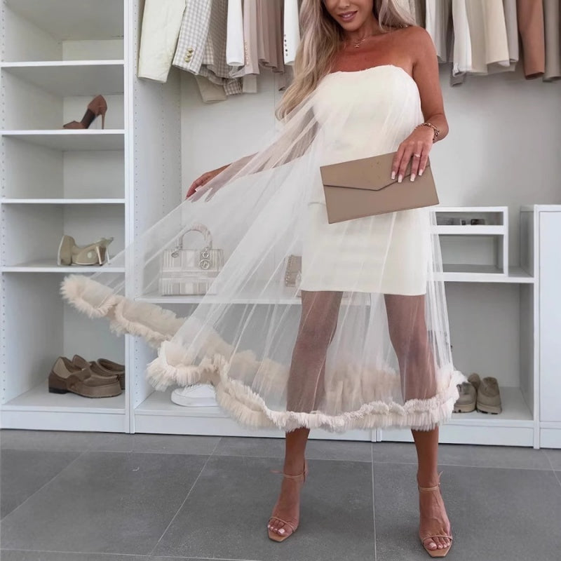 Off-the-shoulder tulle dress with ruffles - Nea-White-S-State of Style