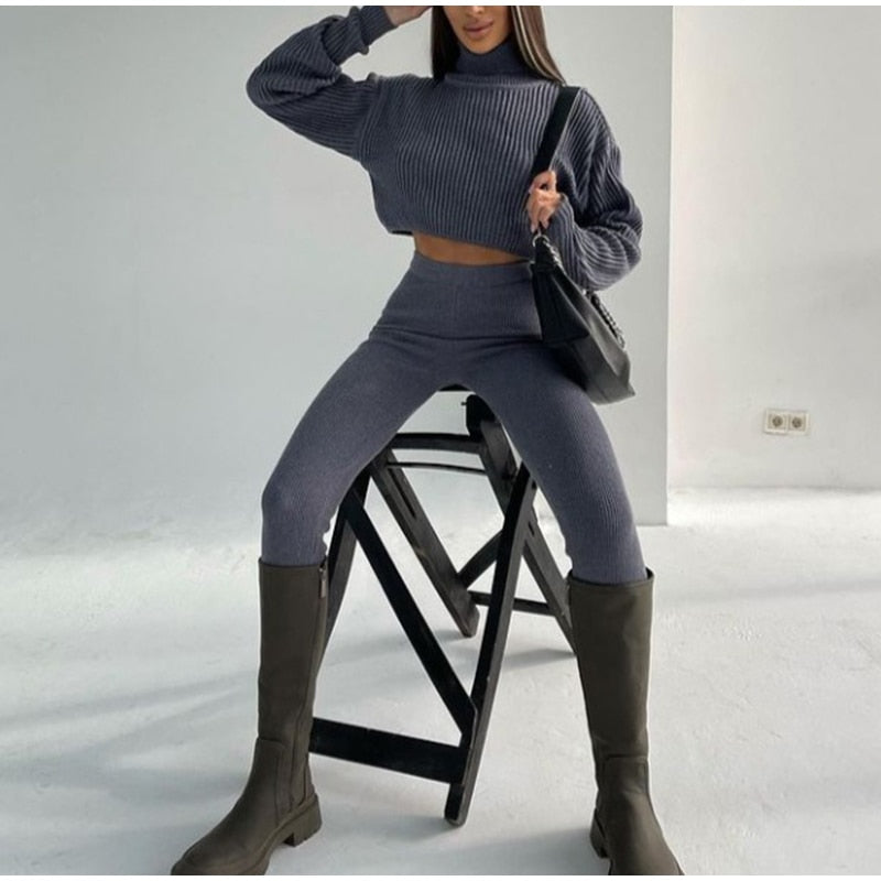 Olivia Set | Crop Turtleneck Sweater With Matching Leggings-Gray-S-State of Style