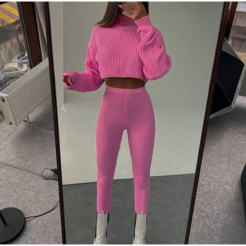 Olivia Set | Crop Turtleneck Sweater With Matching Leggings-Pink-S-State of Style