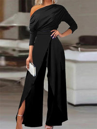 One-Shoulder Jumpsuit with Ruffles - Valerie-Black-S-State of Style