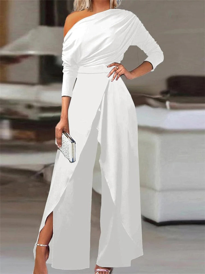 One-Shoulder Jumpsuit with Ruffles - Valerie-White-S-State of Style
