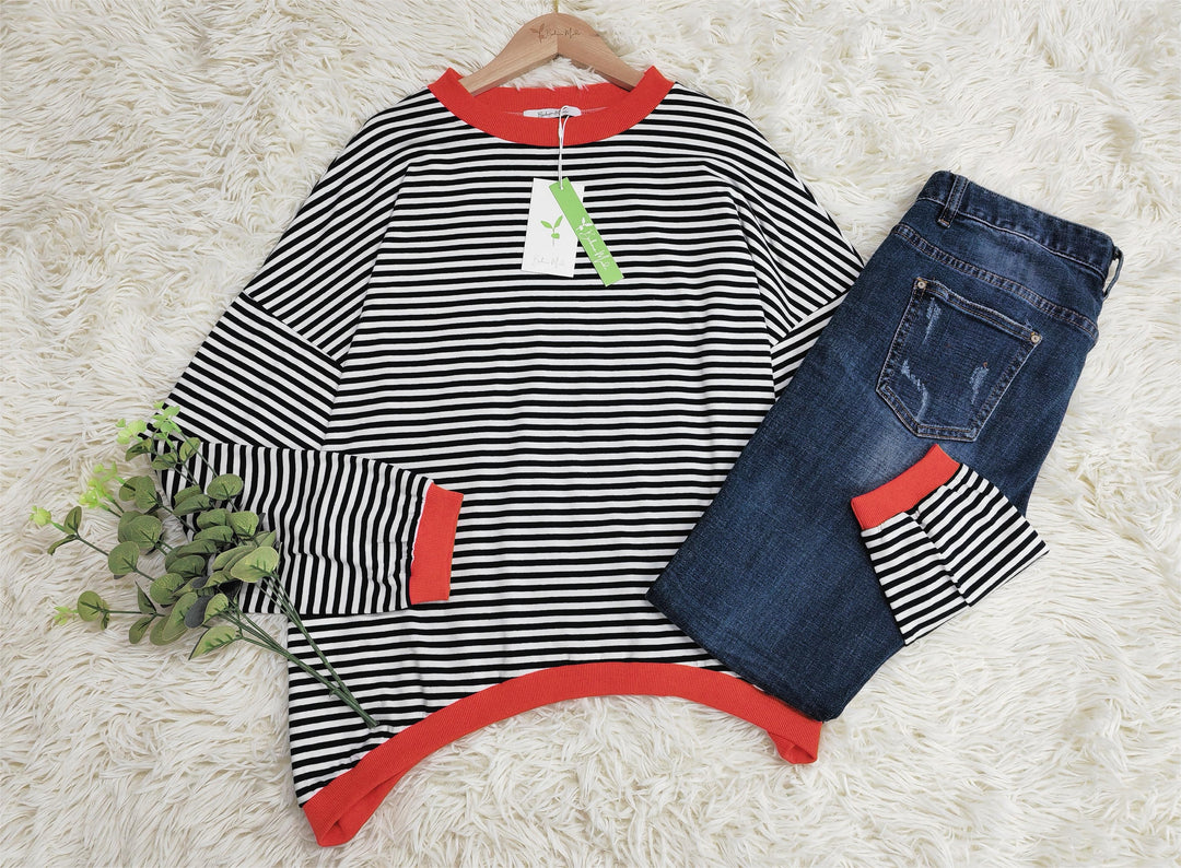 Orange-Navy-White Striped Long Sleeve - HerbstStreifen-S-State of Style