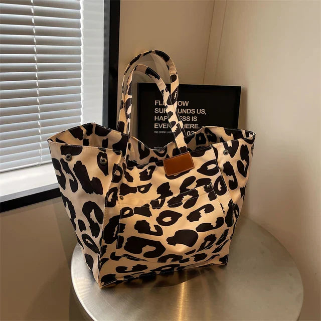 Oversized Canvas Shoulder Bag with Leopard Print - Lilac-Beige-State of Style