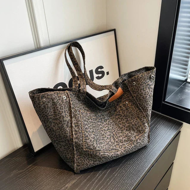 Oversized Canvas Shoulder Bag with Leopard Print - Lilac-Black-State of Style
