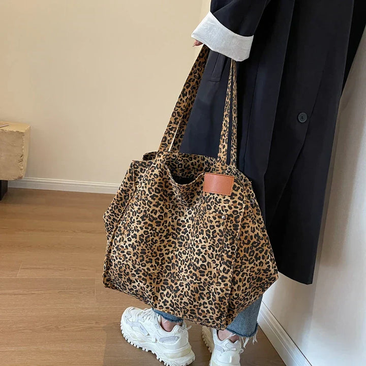 Oversized Canvas Shoulder Bag with Leopard Print - Lilac-Brown-State of Style