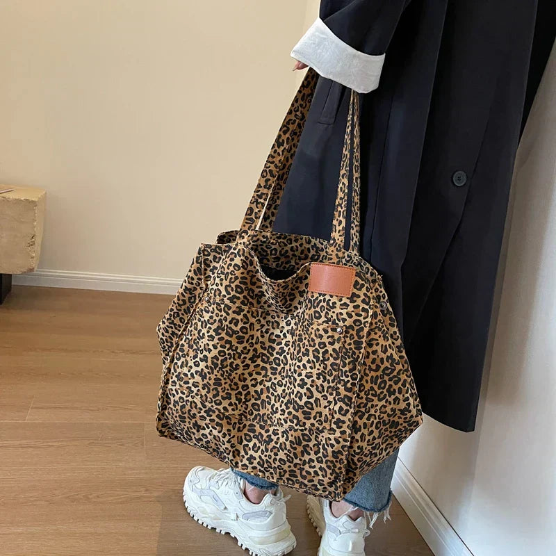 Oversized Canvas Shoulder Bag with Leopard Print - Lilac-Brown-State of Style