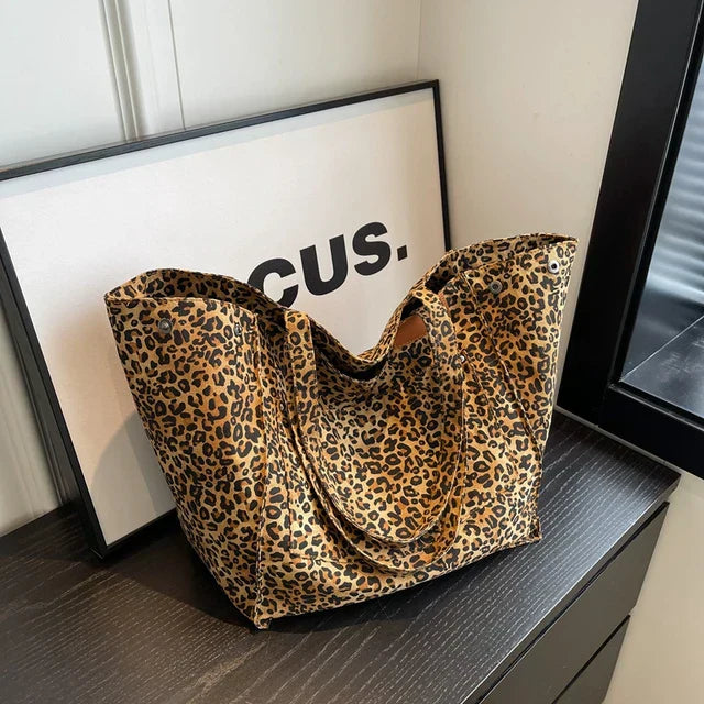 Oversized Canvas Shoulder Bag with Leopard Print - Lilac-Brown-State of Style