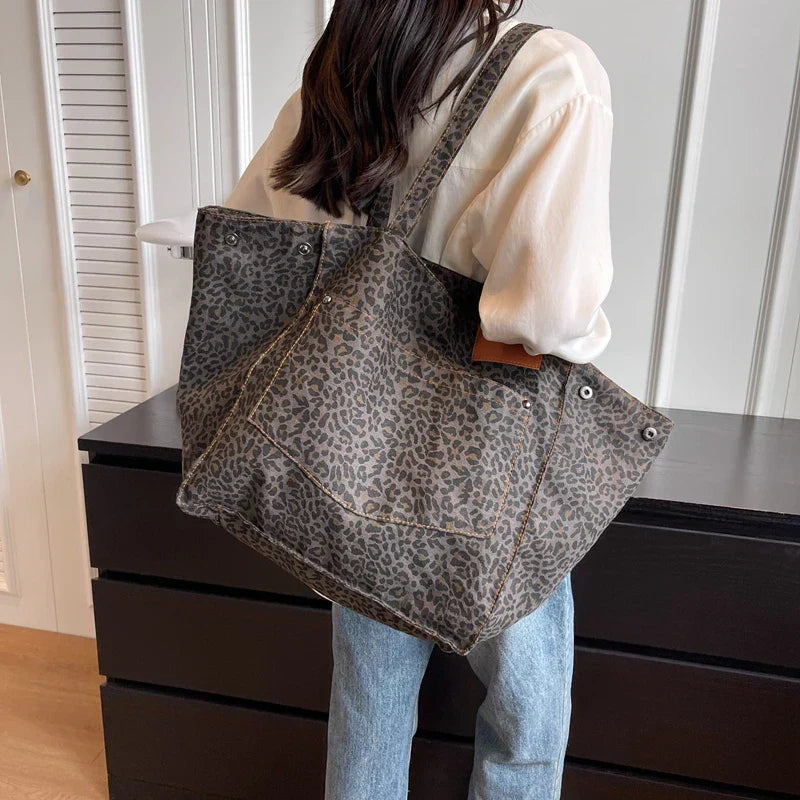 Oversized Canvas Shoulder Bag with Leopard Print - Lilac-Brown-State of Style