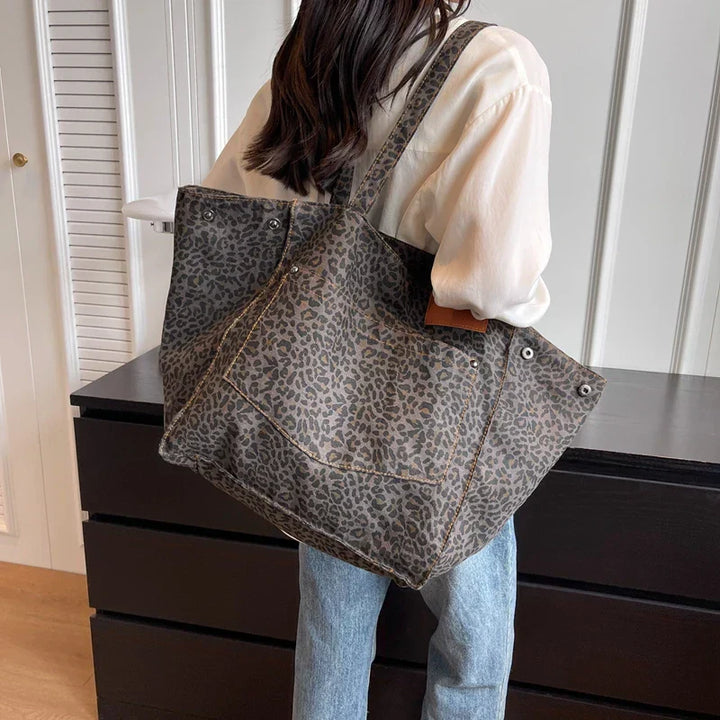 Oversized Canvas Shoulder Bag with Leopard Print - Lilac-Brown-State of Style