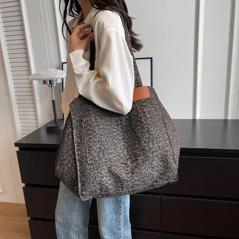 Oversized Canvas Shoulder Bag with Leopard Print - Lilac-Brown-State of Style