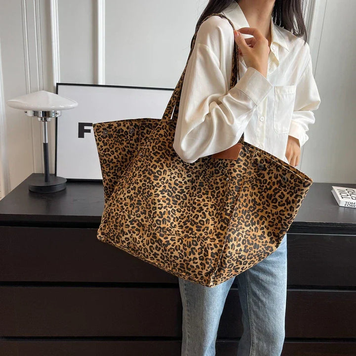 Oversized Canvas Shoulder Bag with Leopard Print - Lilac-Brown-State of Style