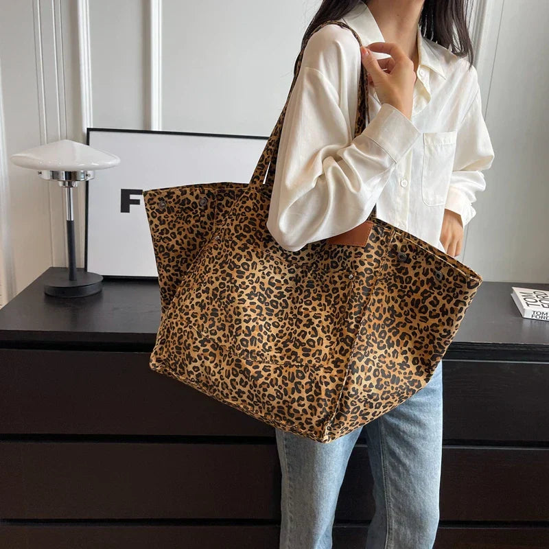 Oversized Canvas Shoulder Bag with Leopard Print - Lilac-Brown-State of Style
