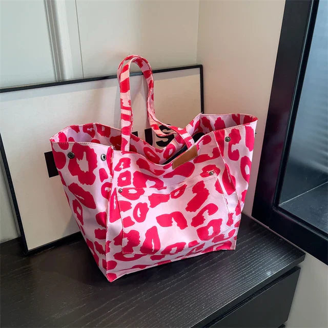 Oversized Canvas Shoulder Bag with Leopard Print - Lilac-Pink-State of Style