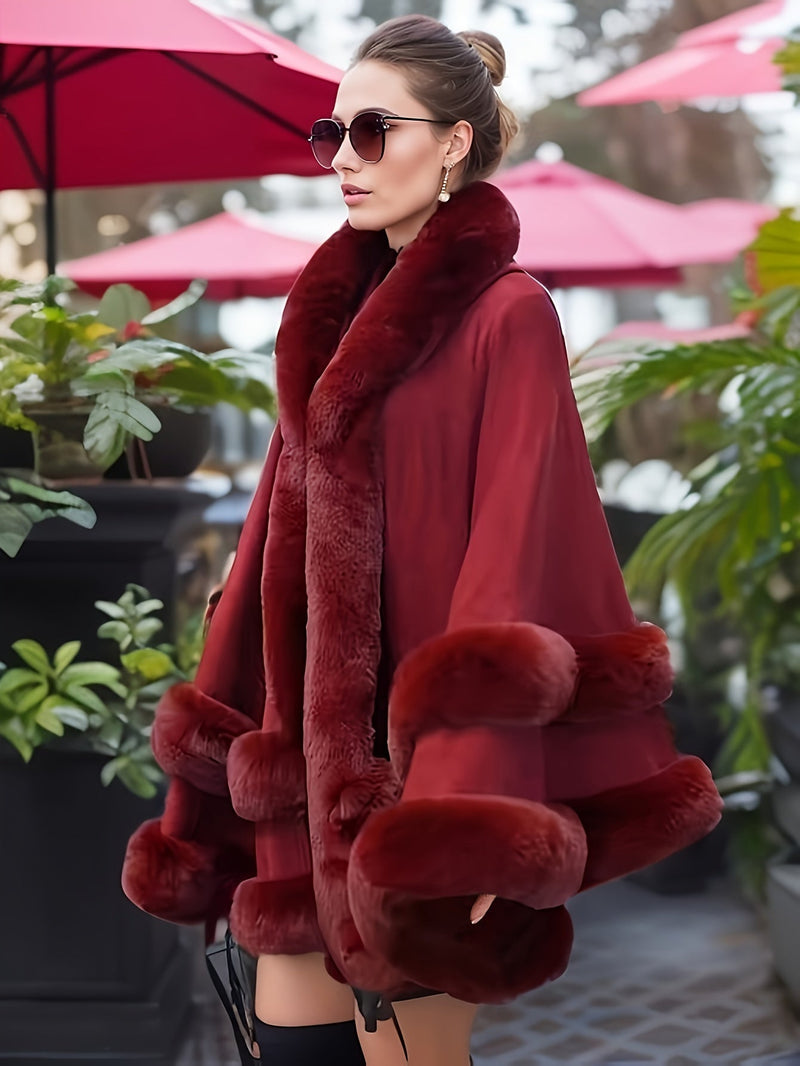 Oversized Furry Cape Coat for Women - Fiona-Burgundy-S-State of Style