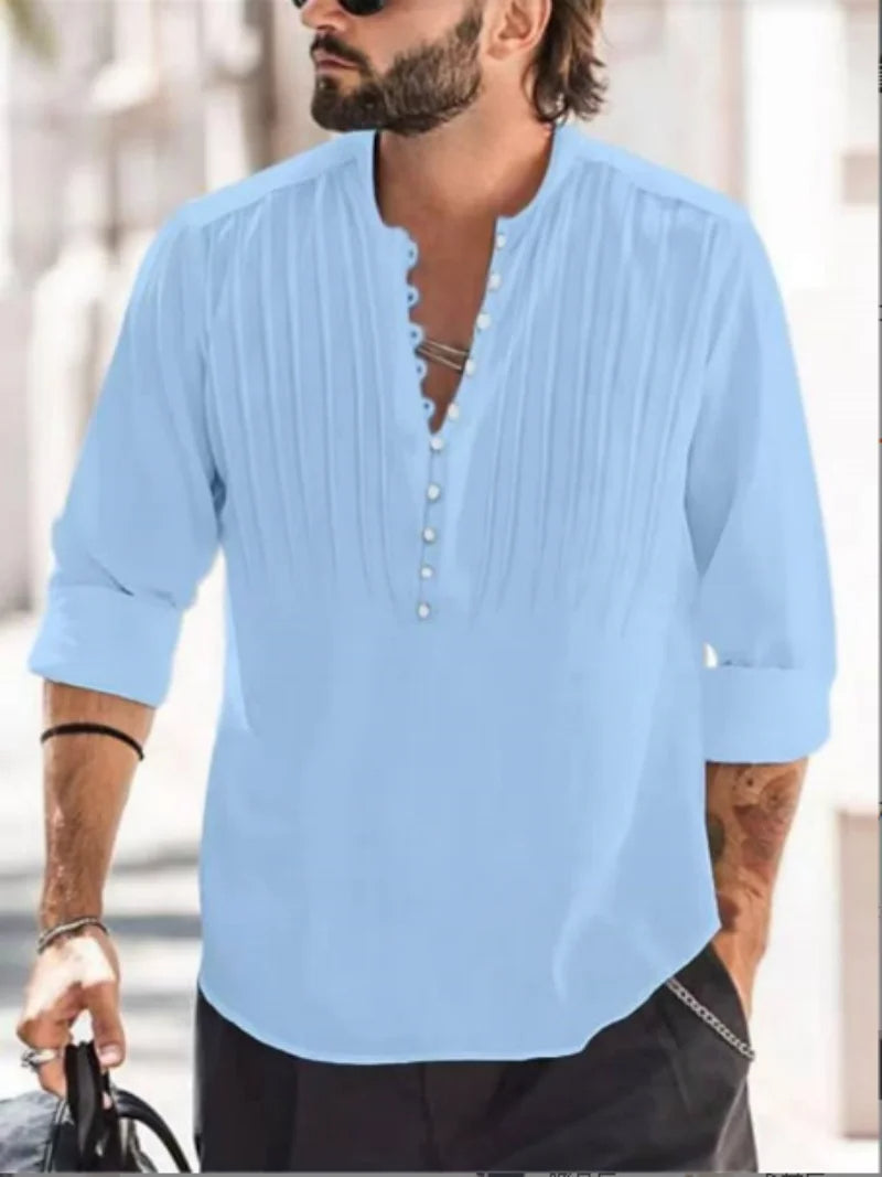 Oversized Linen Button-Up Shirt-Baby Blue-2XL-State of Style