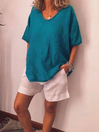 Oversized linen women's T-shirt – Elin-Blue-S-State of Style