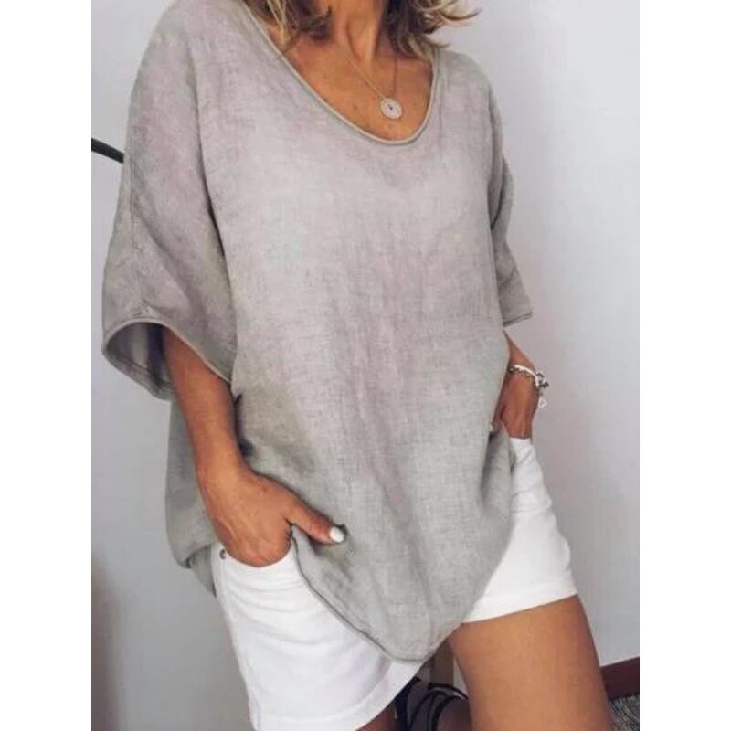 Oversized linen women's T-shirt – Elin-Light grey-S-State of Style