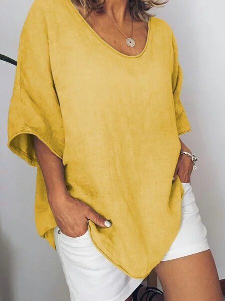 Oversized linen women's T-shirt – Elin-Yellow-S-State of Style