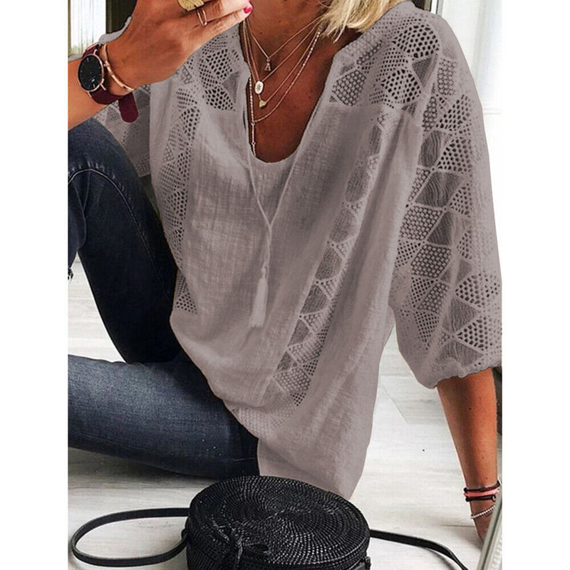 Oversized Tunic Shirt with 3/4 Sleeves-Grey-L-State of Style
