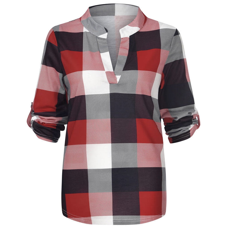 Oversized V-Neck Plaid Blouse – Stylish & Comfortable-Black-XL-State of Style