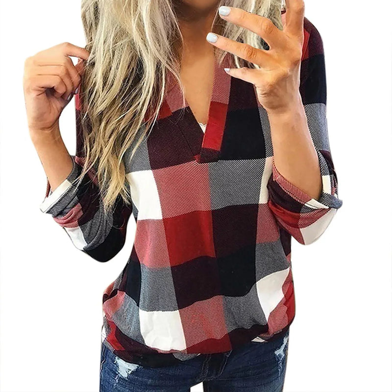 Oversized V-Neck Plaid Blouse – Stylish & Comfortable-Red-L-State of Style