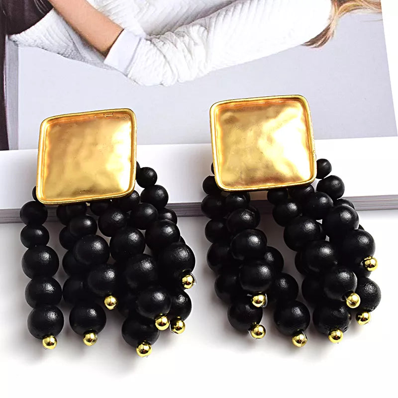 Pearl-Shaped Wooden Chain Drop Earrings | Unique Handmade Jewellery-BLACK-State of Style