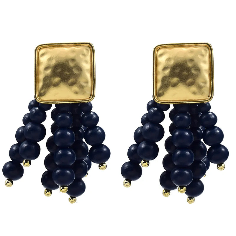 Pearl-Shaped Wooden Chain Drop Earrings | Unique Handmade Jewellery-BLUE-State of Style