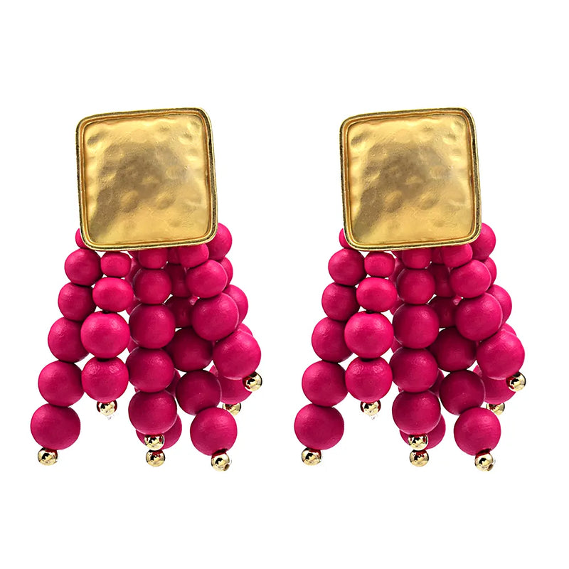Pearl-Shaped Wooden Chain Drop Earrings | Unique Handmade Jewellery-DARK PINK-State of Style