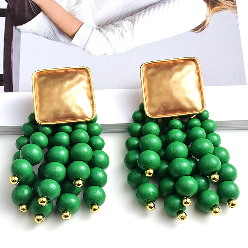 Pearl-Shaped Wooden Chain Drop Earrings | Unique Handmade Jewellery-GREEN-State of Style