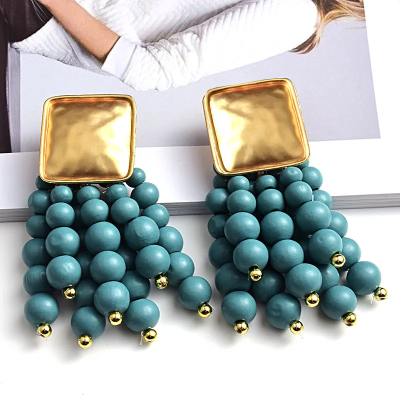 Pearl-Shaped Wooden Chain Drop Earrings | Unique Handmade Jewellery-LIGHT BLUE-State of Style