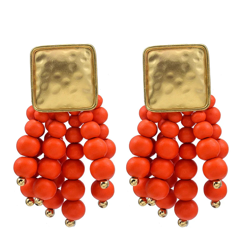 Pearl-Shaped Wooden Chain Drop Earrings | Unique Handmade Jewellery-ORANGE-State of Style