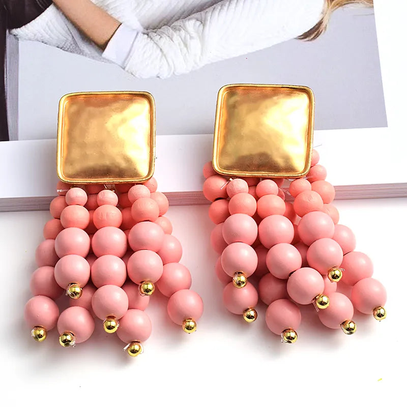 Pearl-Shaped Wooden Chain Drop Earrings | Unique Handmade Jewellery-PINK-State of Style