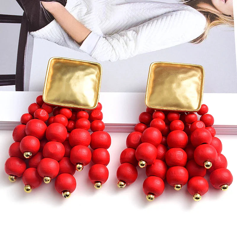 Pearl-Shaped Wooden Chain Drop Earrings | Unique Handmade Jewellery-RED-State of Style