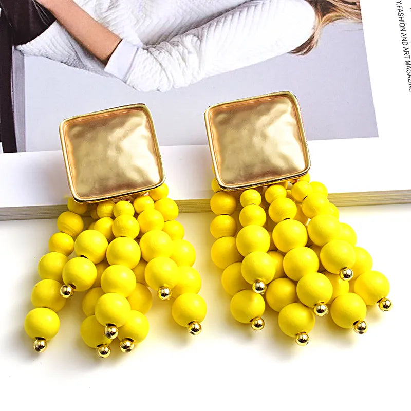 Pearl-Shaped Wooden Chain Drop Earrings | Unique Handmade Jewellery-YELLO-State of Style