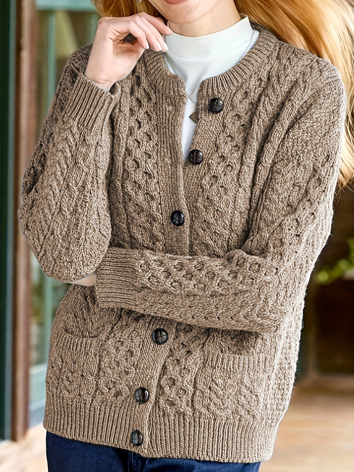 Plain Knitted Cardigan with Buttons and Pockets – Olivia-Light Brown-S-State of Style