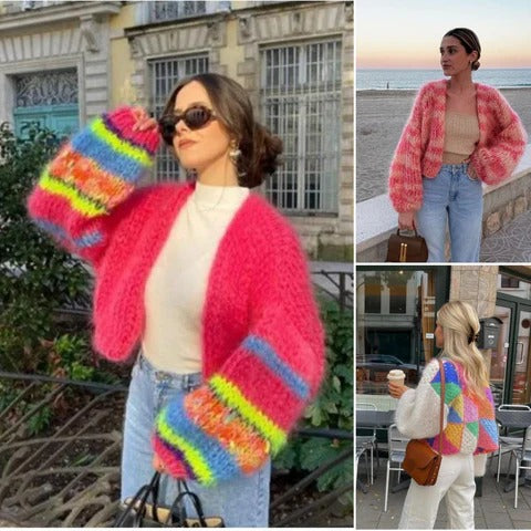 Playful Knitted Cropped Cardigan with Puff Sleeves - Elise-Purple-S-State of Style