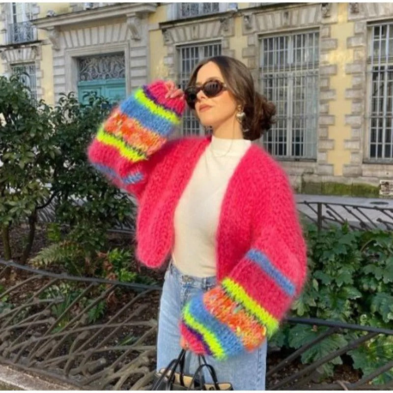 Playful Knitted Cropped Cardigan with Puff Sleeves - Elise-Red-S-State of Style