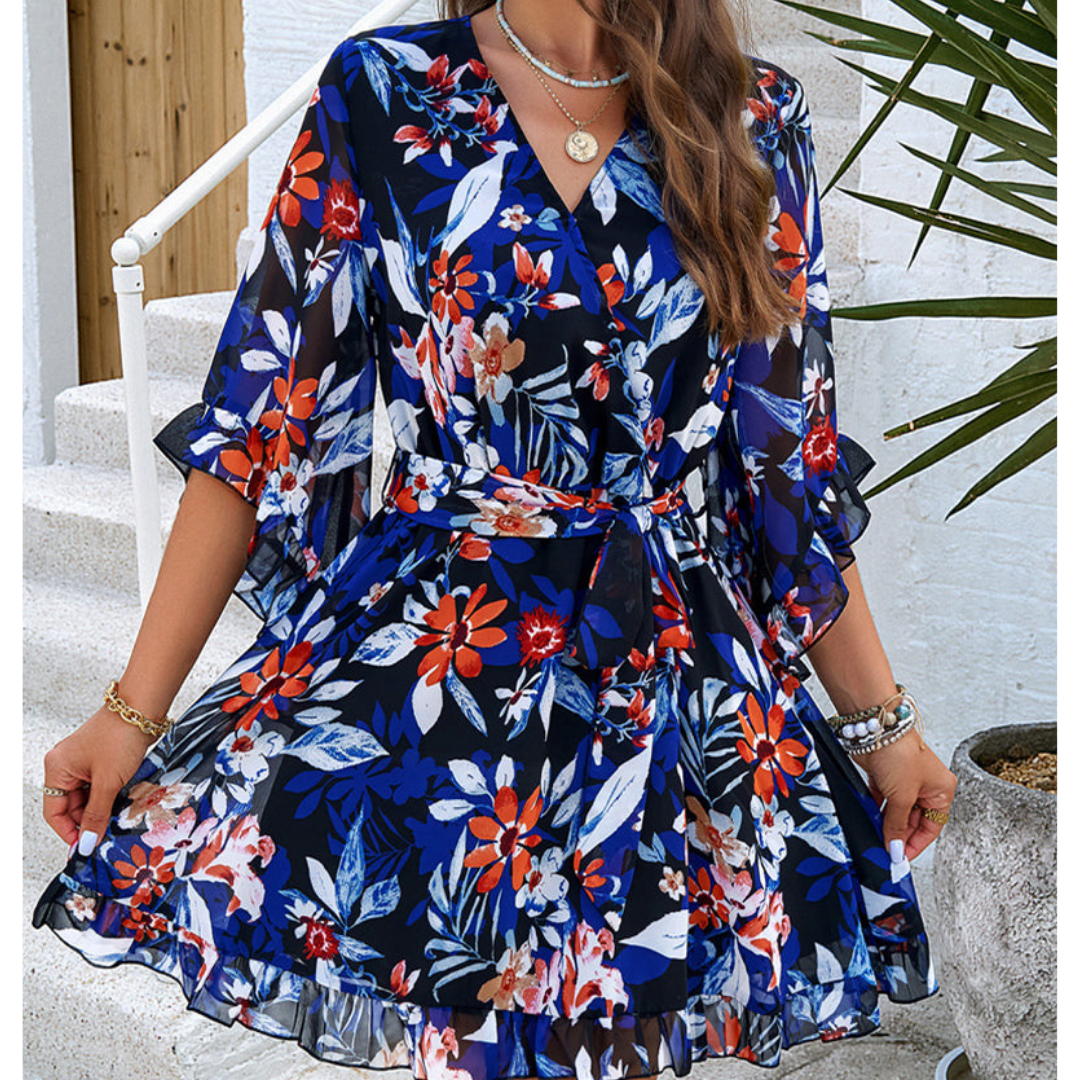 Playful women's mini dress with floral pattern & bell sleeves – Liora-Blue-S-State of Style