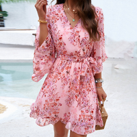 Playful women's mini dress with floral pattern & bell sleeves – Liora-Pink-S-State of Style