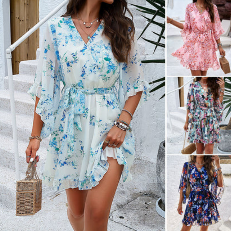 Playful women's mini dress with floral pattern & bell sleeves – Liora-White-S-State of Style