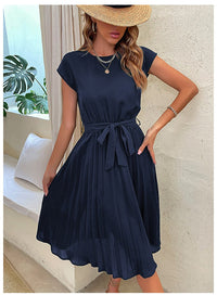 Pleated A-Line Summer Dress for Women with Short Sleeves – Melina-Blue-S-State of Style