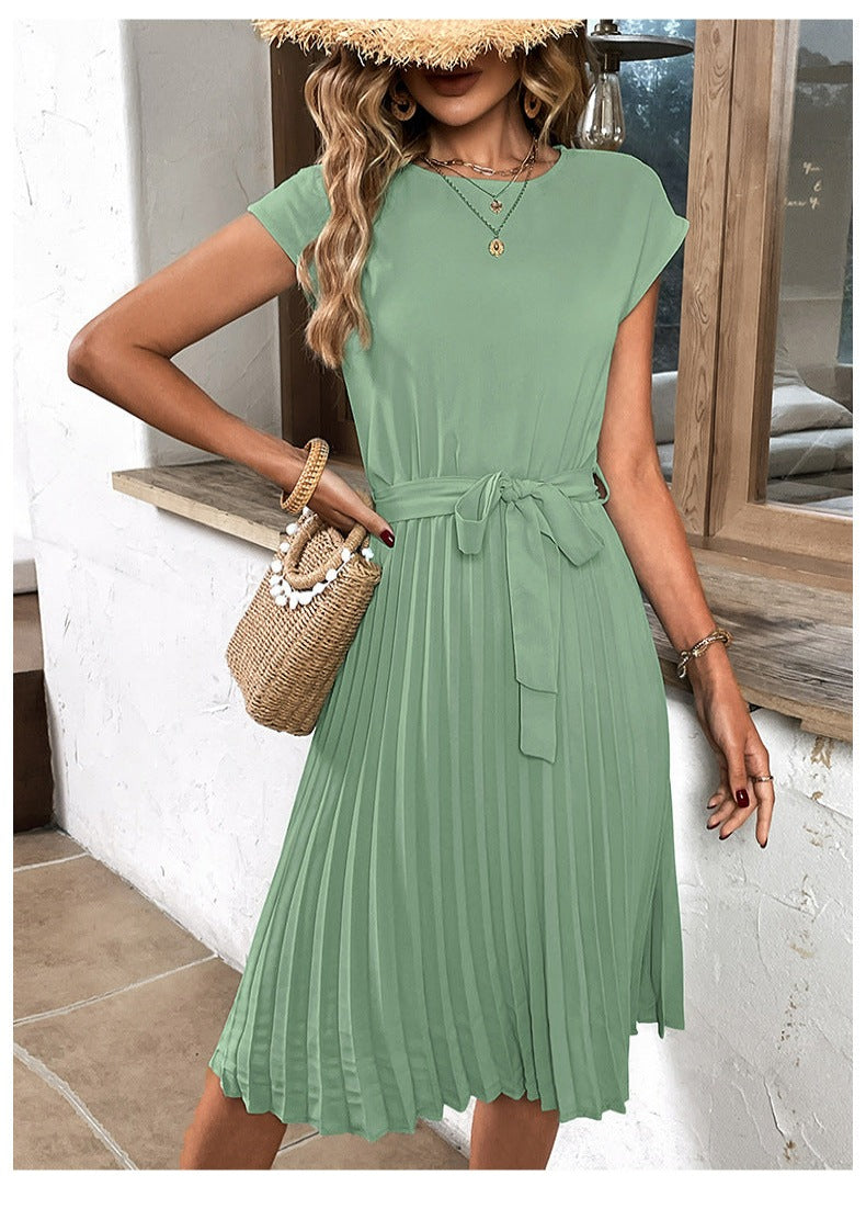 Pleated A-Line Summer Dress for Women with Short Sleeves – Melina-Green-S-State of Style