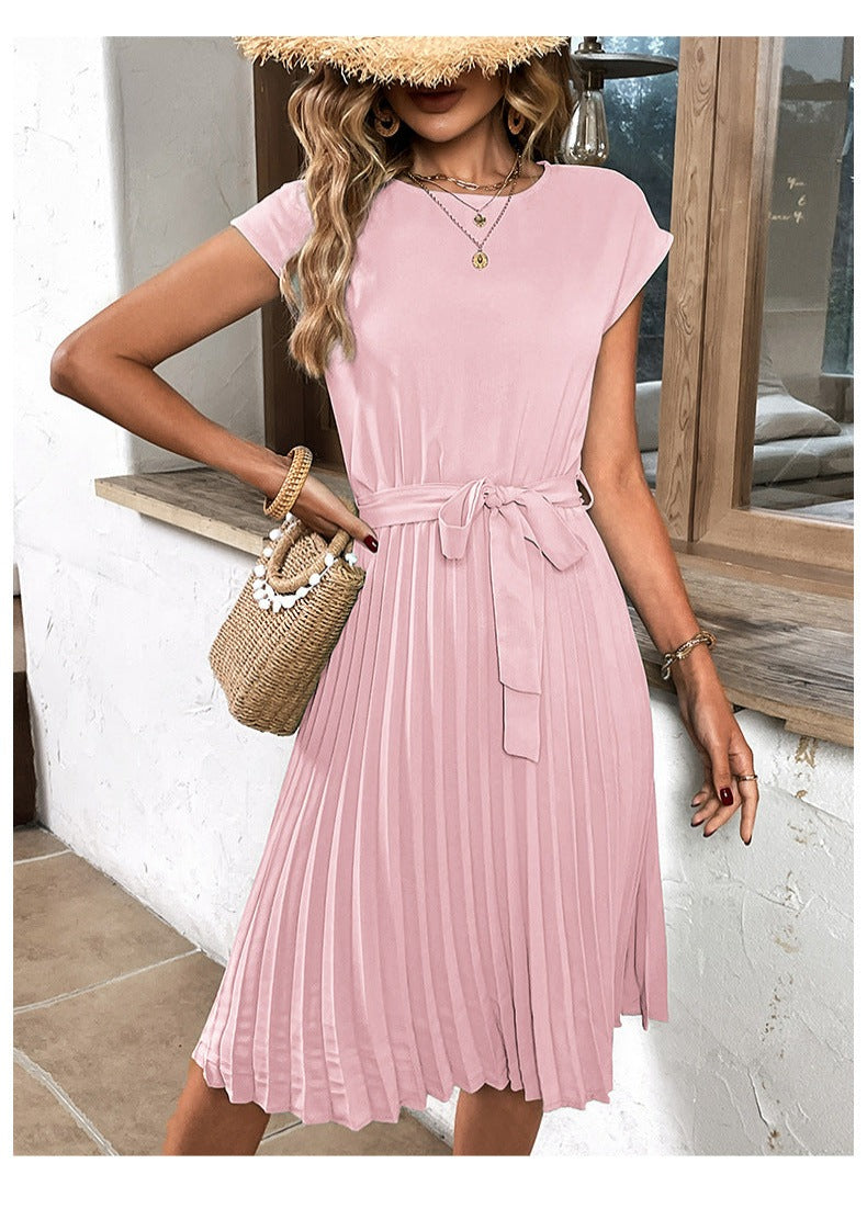 Pleated A-Line Summer Dress for Women with Short Sleeves – Melina-Pink-S-State of Style